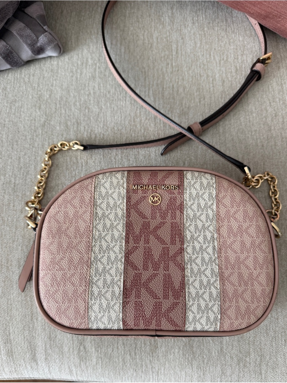 Michael Kors Blush Pink and Ivory Signature Logo Stripe Crossbody Bag